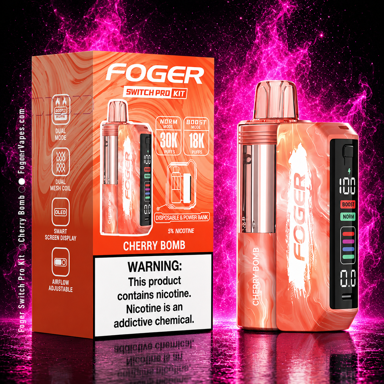 Fogger Switch Pro Kit Cherry Bomb vape with neon pink smoke background, 30K puffs disposable vape, OLED smart screen, dual mesh coil, rechargeable vape device with boost mode