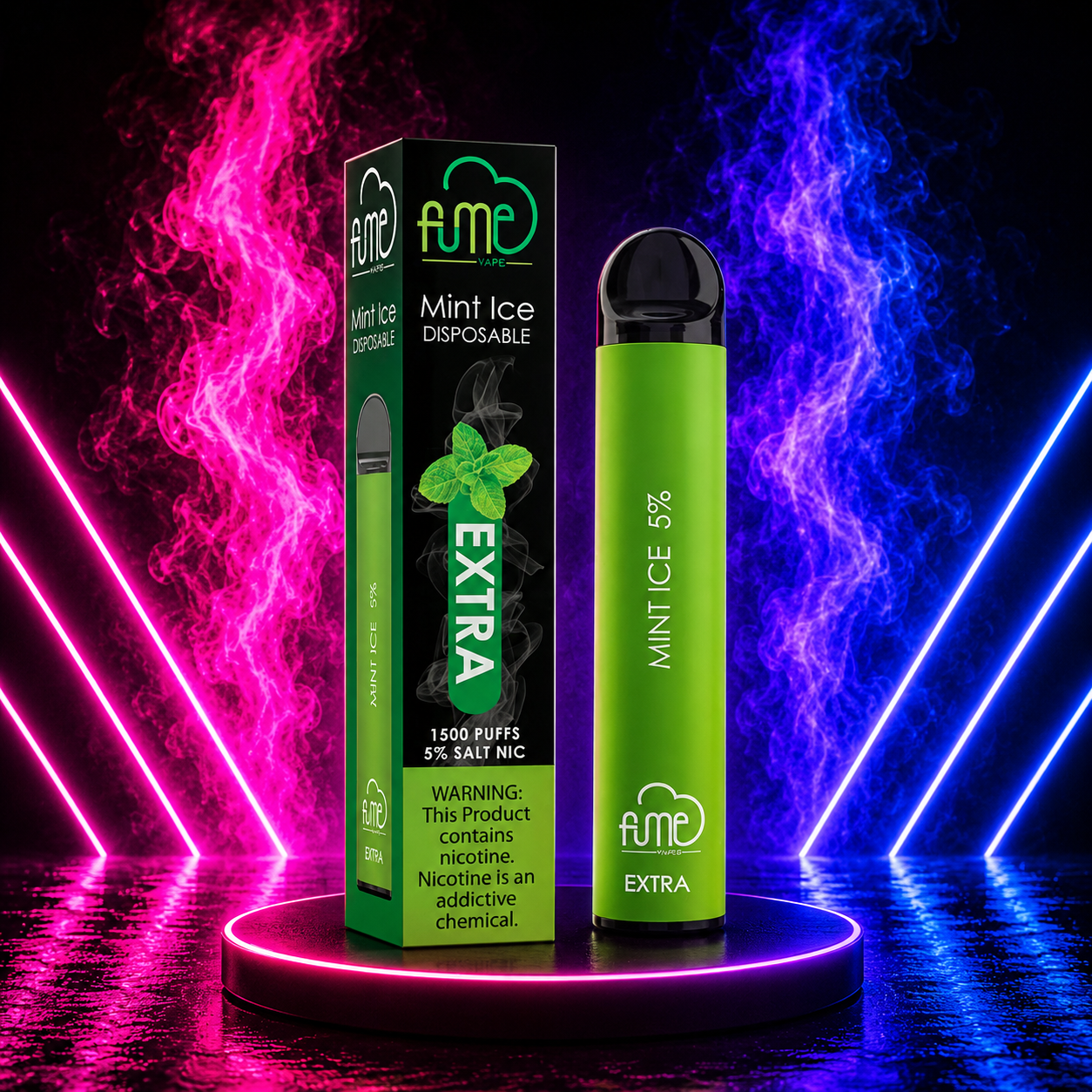 Fume Mint Ice Extra disposable vape 1500 puffs with packaging on pink background
