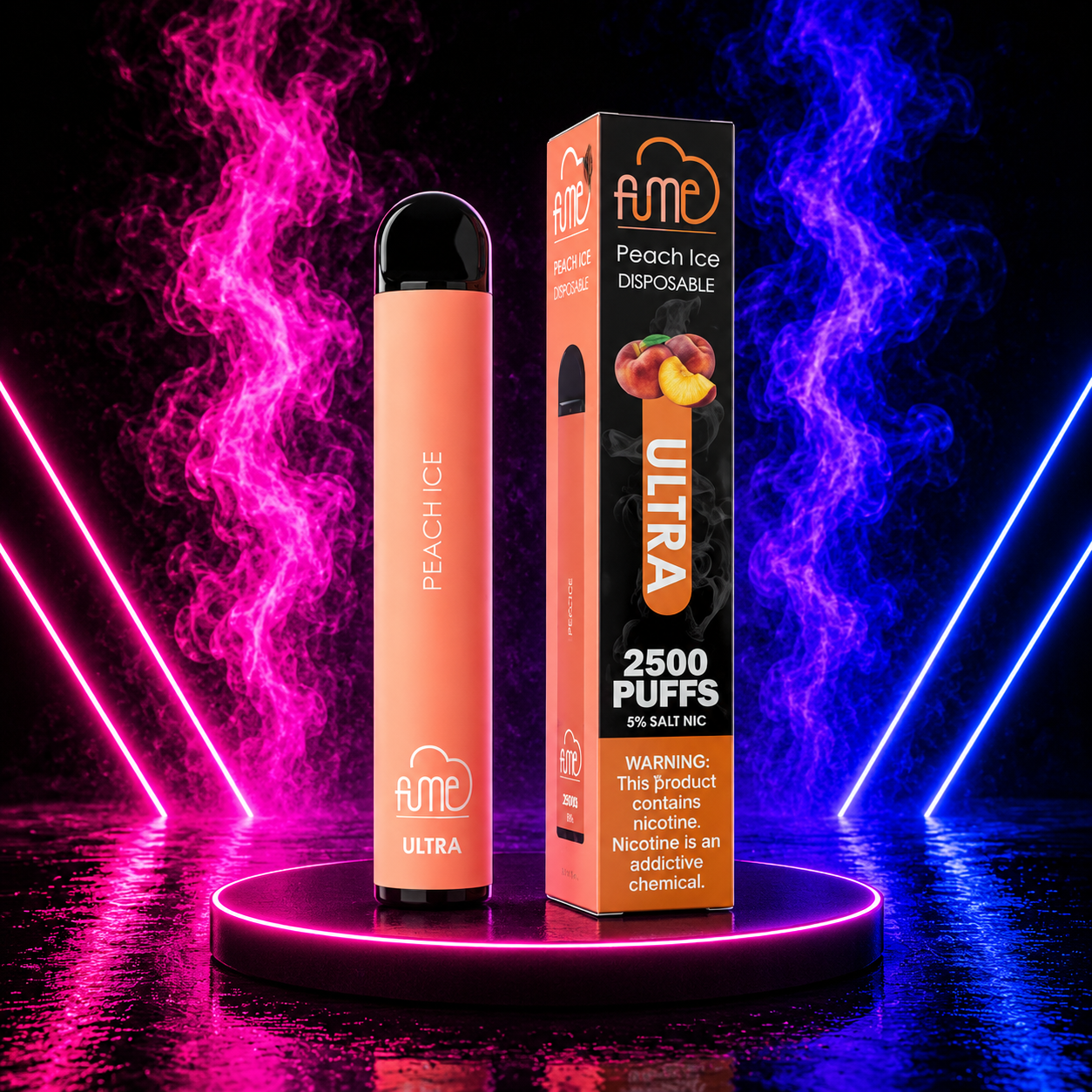Fume Ultra Peach Ice disposable vape 2500 puffs with pink neon background