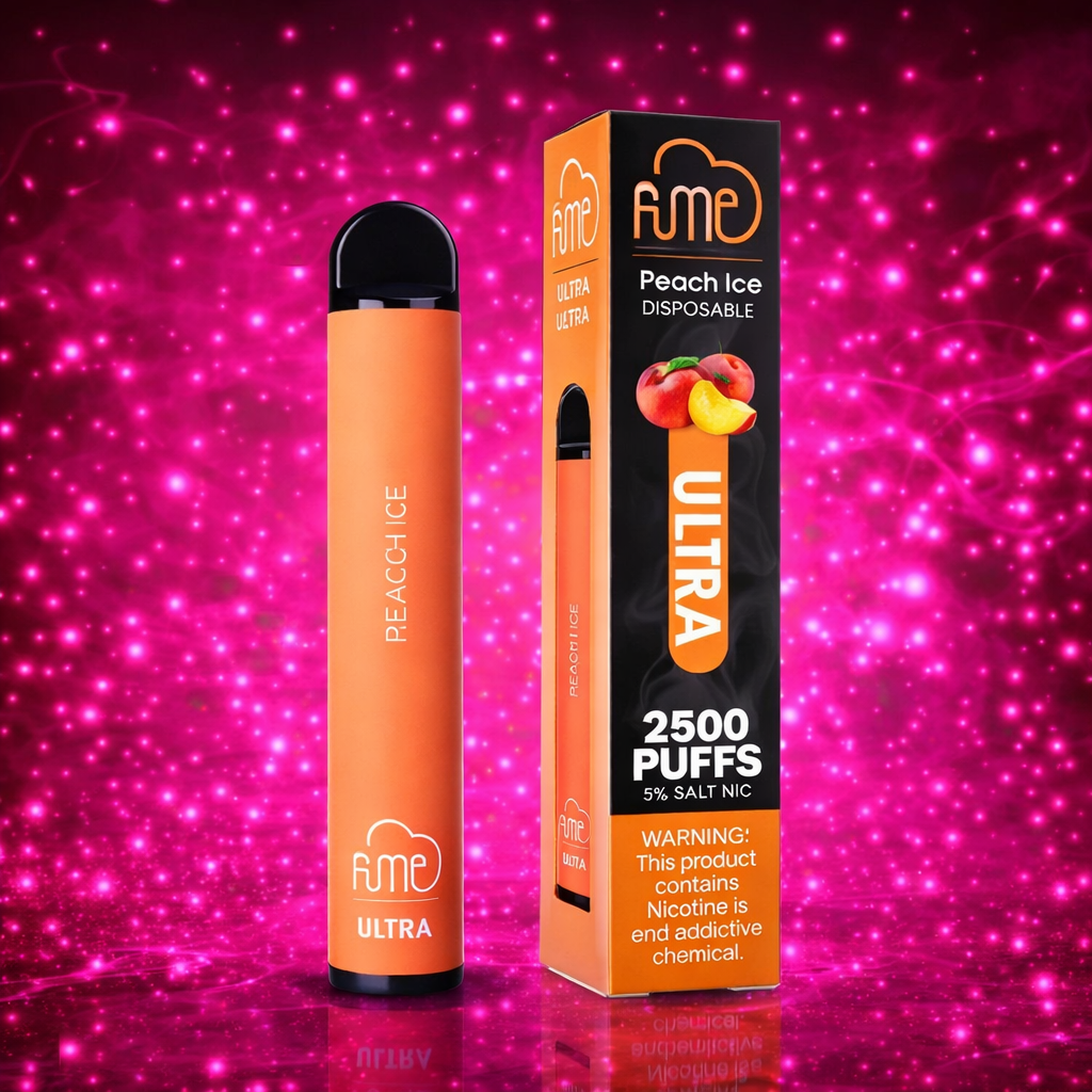 Fume Ultra Peach Ice disposable vape 2500 puffs with pink neon background