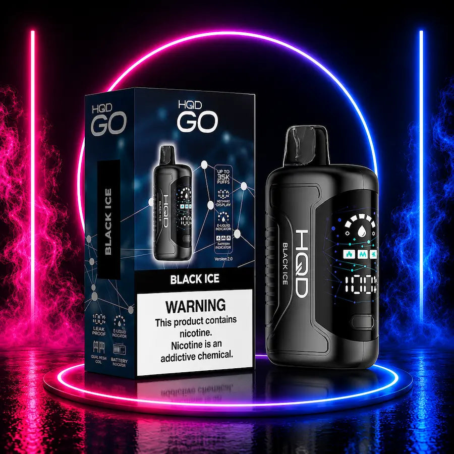 HQD GO 35K 5% Nicotine Disposable Vape Black Ice flavor featuring up to 35,000 puffs, advanced mesh coil technology, HD smart display, rechargeable USB-C battery, 3 adjustable power modes, and authentic HQD quality available at Pink Smoke Shop.