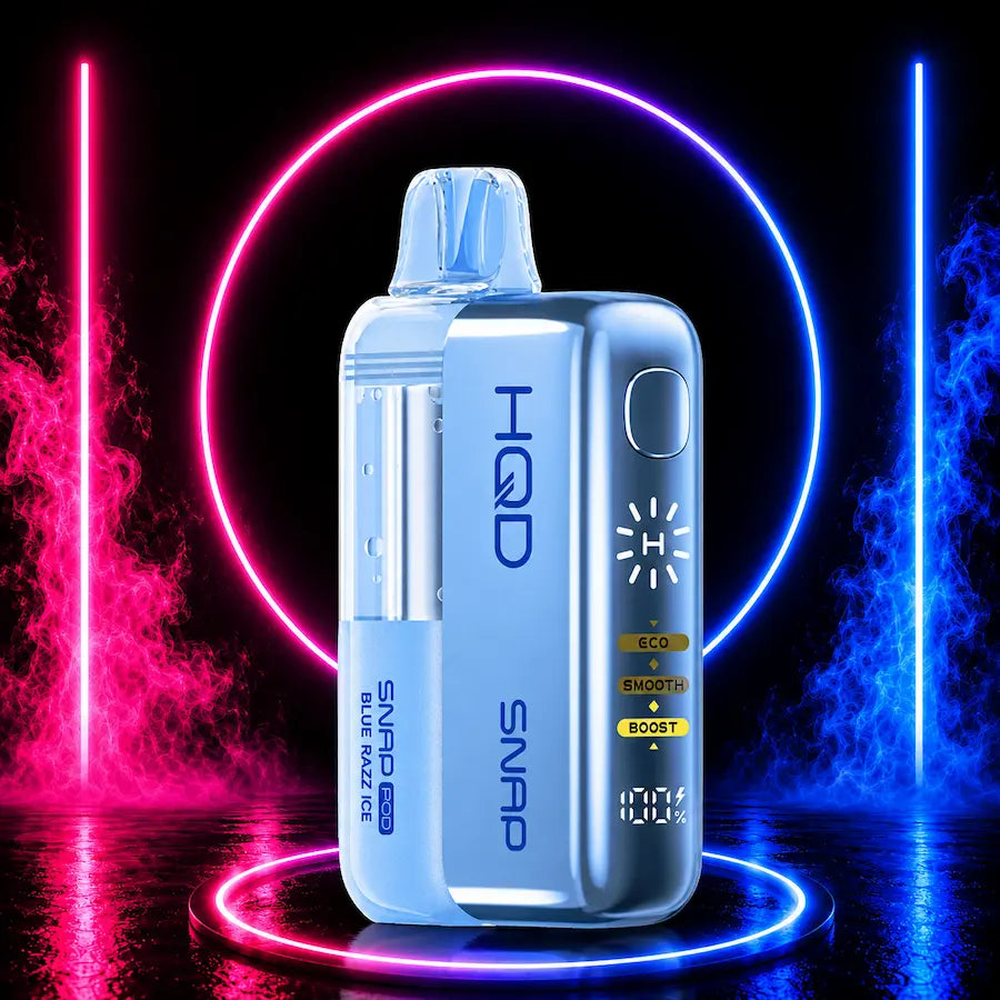 HQD SNAP 50K Pod Kit Blue Razz Ice with magnetic disposable vape, rechargeable power bank, digital display, and neon black background.