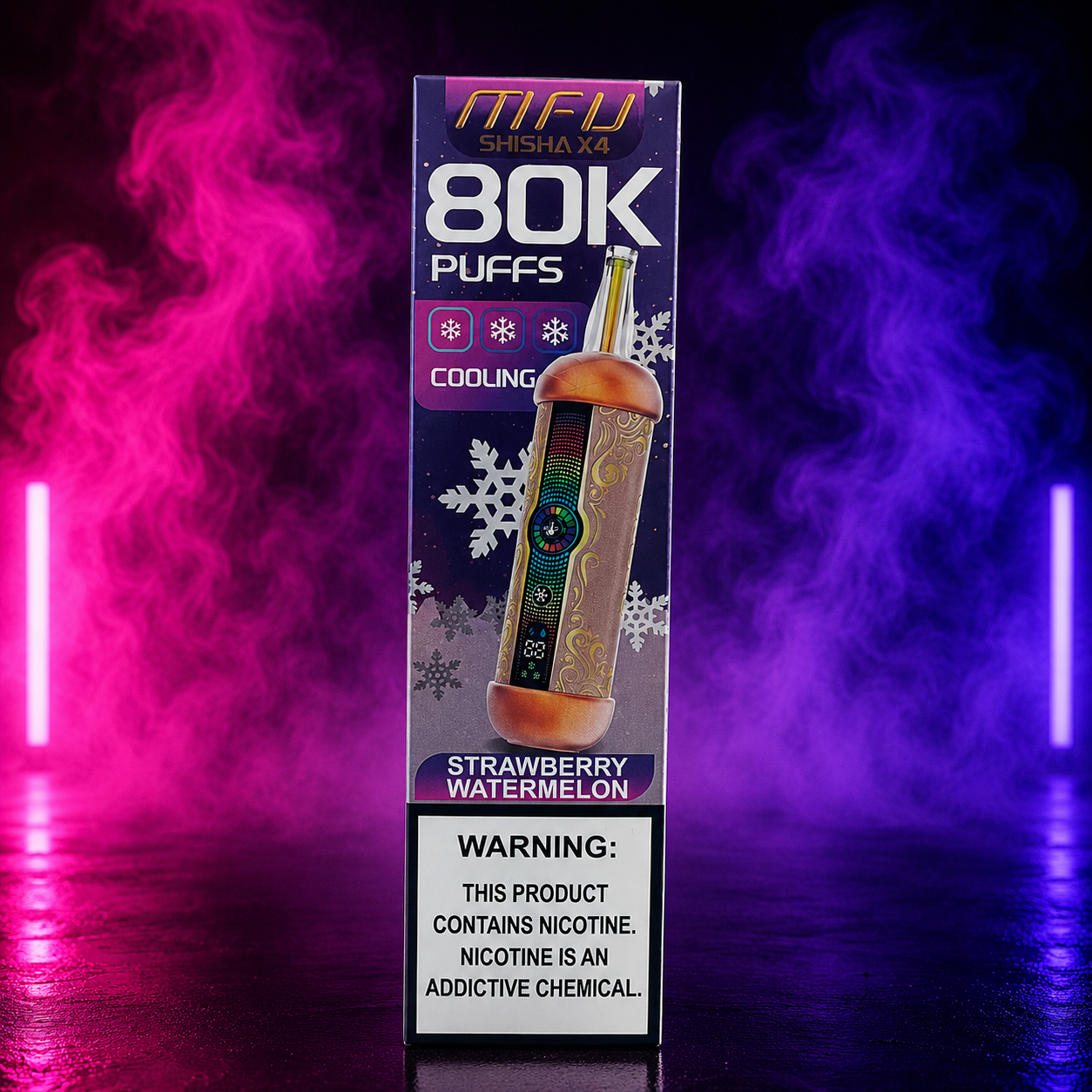 MIFU Shisha X4 80000 Puffs Strawberry Watermelon disposable vape with neon pink and purple smoke background at Pink Smoke Shop.