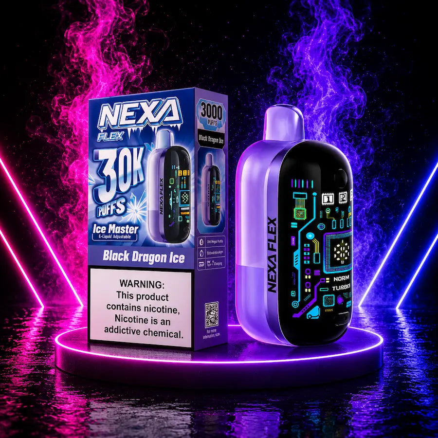Nexa Flex Black Dragon Ice disposable vape 30000 puffs with pink neon background