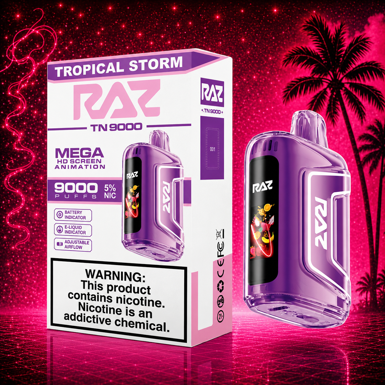 RAZ TN9000 Tropical Storm disposable vape with neon pink tropical background featuring 9000 puffs, rechargeable battery, HD screen animation, battery indicator, e-liquid indicator, and adjustable airflow.