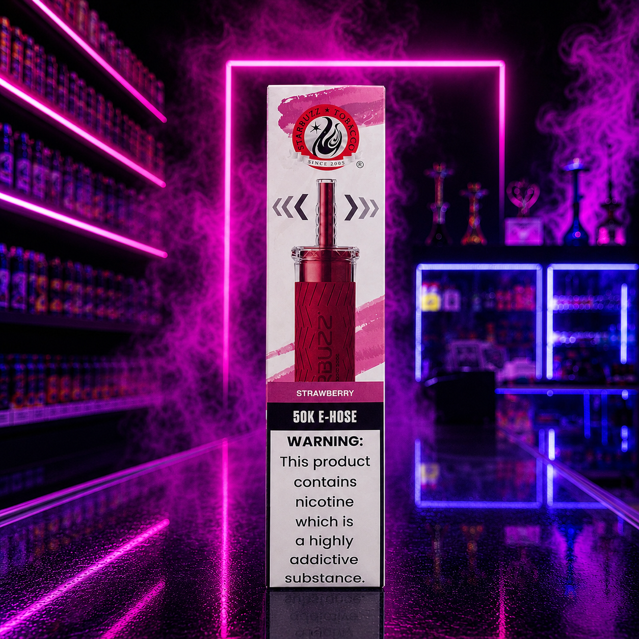 Starbuzz 50K E-Hose Strawberry Hookah Vape with neon pink smoke shop background