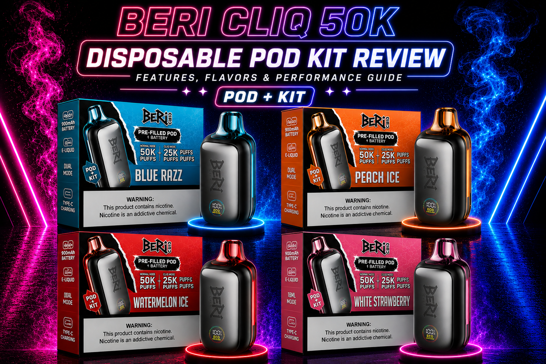 BERI CLIQ Review 2026 featuring the rechargeable pod kit, replacement pod system, premium flavors, 900mAh battery, USB Type-C charging, and up to 50,000 puffs.