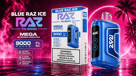 Blue Razz Ice RAZ TN9000 disposable vape with 9000 puffs and premium design