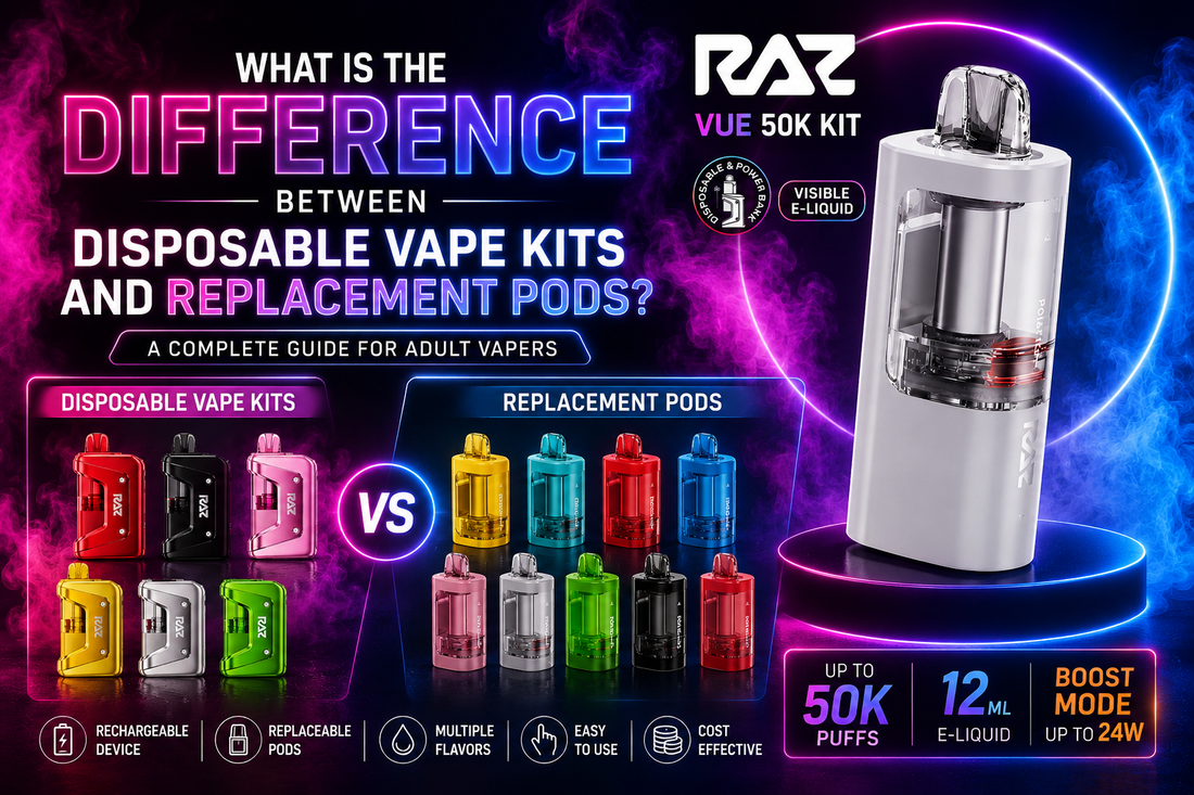 RAZ VUE 50K disposable vape kit and replacement pods comparison guide showing rechargeable device, pod system, flavor options, and key differences between vape kits and replacement pods in 2026.