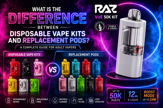 RAZ VUE 50K disposable vape kit and replacement pods comparison guide showing rechargeable device, pod system, flavor options, and key differences between vape kits and replacement pods in 2026.