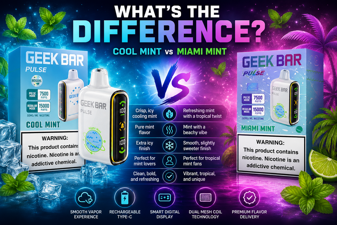 Geek Bar Pulse Cool Mint vs Miami Mint flavor comparison showing differences in cooling effect, flavor profile, sweetness, and vaping experience in 2026