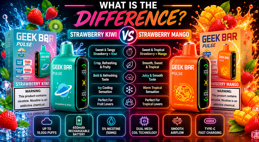 Geek Bar Pulse Strawberry Kiwi vs Strawberry Mango flavor comparison showing taste profile, cooling effect, sweetness, and vaping experience in 2026.