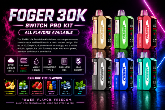 `FOGER 30K Switch Pro Kit disposable vape with multiple flavors, dual mesh coil technology, visible e-liquid system, rechargeable Type-C charging, and up to 30000 puffs available at Pink Smoke Shop in Miami.`