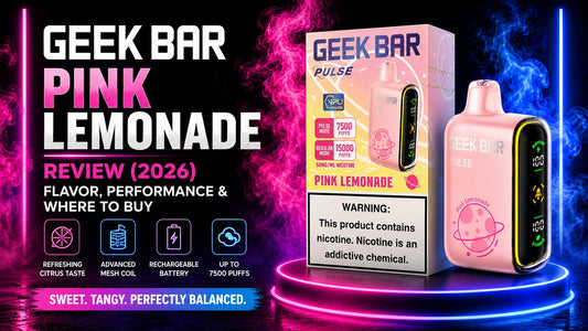 Geek Bar Pink Lemonade Review 2026 banner featuring the Geek Bar Pulse Pink Lemonade disposable vape with packaging, highlighting flavor, performance, rechargeable battery, mesh coil technology, and where to buy authentic Geek Bar vapes.