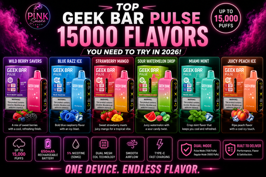 Best Geek Bar Pulse 15000 flavors guide 2026 showing Blue Razz Ice, Strawberry Mango, Miami Mint, Sour Watermelon Drop, Wild Berry Savers, and Juicy Peach Ice disposable vape flavors.