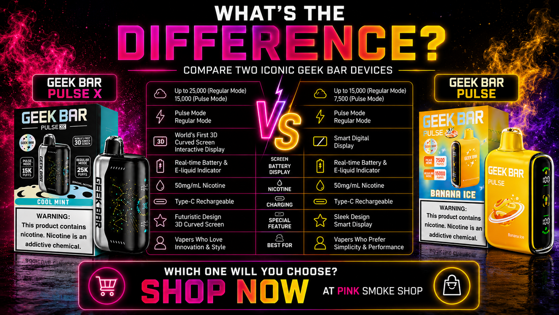 Geek Bar Pulse X vs Geek Bar Pulse comparison infographic showing puff count, smart display features, rechargeable vape technology, and disposable vape performance in 2026.
