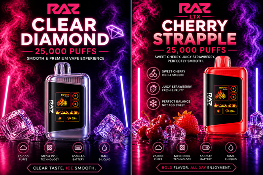 RAZ Clear Diamond vs Cherry Strapple disposable vape comparison showing clean icy vs fruity sweet flavors