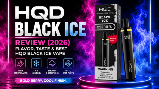 HQD Black Ice Review 2026 featuring the HQD Black Ice 1200 Puffs disposable vape with bold berry flavor, icy menthol finish, and authentic HQD packaging from Pink Smoke Shop.