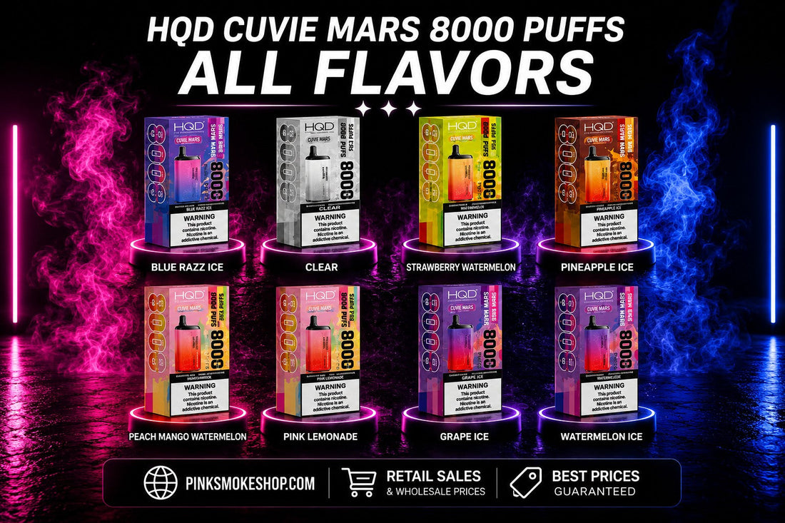 HQD Cuvie Mars 8000 disposable vape all flavors collection featuring Blue Razz Ice, Clear, Strawberry Watermelon, Pineapple Ice, Peach Mango Watermelon, Pink Lemonade, Grape Ice, and Watermelon Ice available at Pink Smoke Shop.