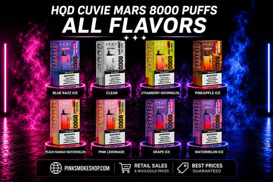 HQD Cuvie Mars 8000 disposable vape all flavors collection featuring Blue Razz Ice, Clear, Strawberry Watermelon, Pineapple Ice, Peach Mango Watermelon, Pink Lemonade, Grape Ice, and Watermelon Ice available at Pink Smoke Shop.