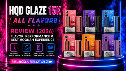 HQD Glaze 15000 Puffs Review 2026 featuring all available flavors with dual mesh coil, rechargeable battery, and smart LED display.