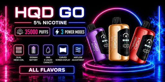 HQD GO 35,000 Puffs All Flavors Disposable Vape featuring 5% nicotine, 3 power modes, dual mesh coil, 18ml e-liquid capacity, 850mAh rechargeable battery, curved smart display, and adjustable airflow.