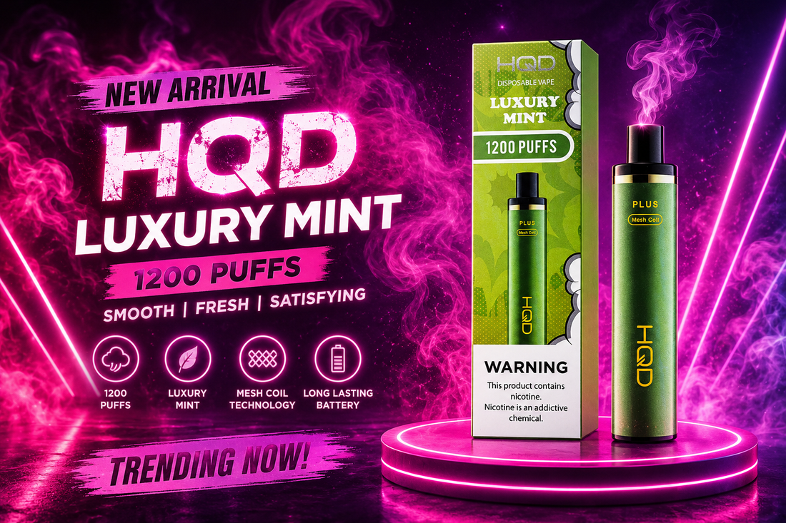 HQD Luxury Mint 1200 Puffs review banner showcasing fresh mint flavor, disposable vape design, and trending vape product at Pink Smoke Shop