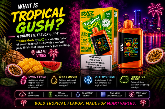 RAZ Tropical Gush disposable vape with tropical fruit flavor and Mega HD screen device