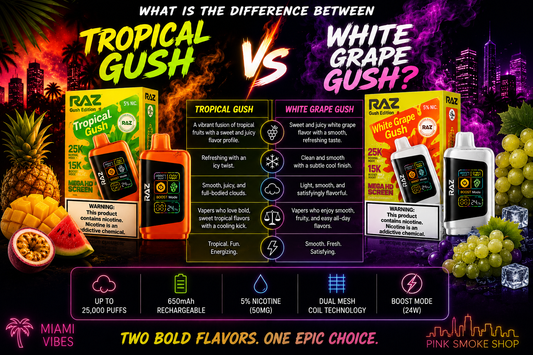 RAZ Gush Edition Tropical Gush vs White Grape Gush disposable vape flavor comparison showing flavor profiles, device features, and 25,000 puff vape devices from Pink Smoke Shop.