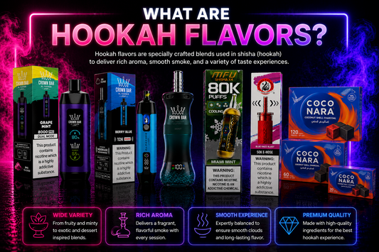 What Are Hookah Flavors infographic featuring Al Fakher Crown Bar, Starbuzz E-Hose, MFU Shisha disposable vapes, Coco Nara coconut charcoal, hookah accessories, and popular hookah flavor categories in 2026.