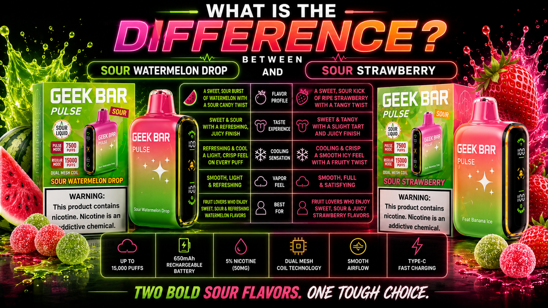 Sour Watermelon Drop vs Sour Strawberry Geek Bar Pulse flavor comparison infographic showing taste profile, cooling sensation, device features, and vaping experience differences.