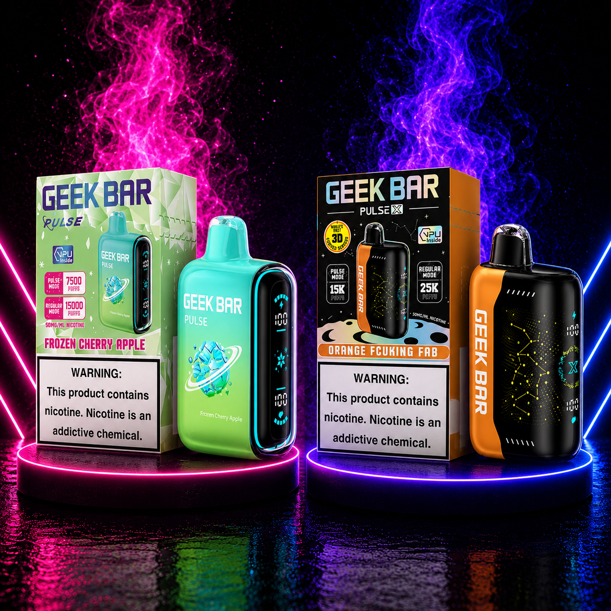 Geek Bar Pulse disposable vape collection 15K and 25K puffs devices with pink neon background