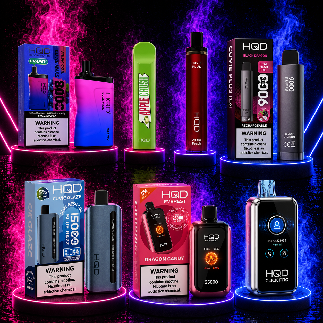 HQD vape collection Black Ice Cuvie X 25000 puffs and Cuvie Glaze 15000 puffs disposable vapes