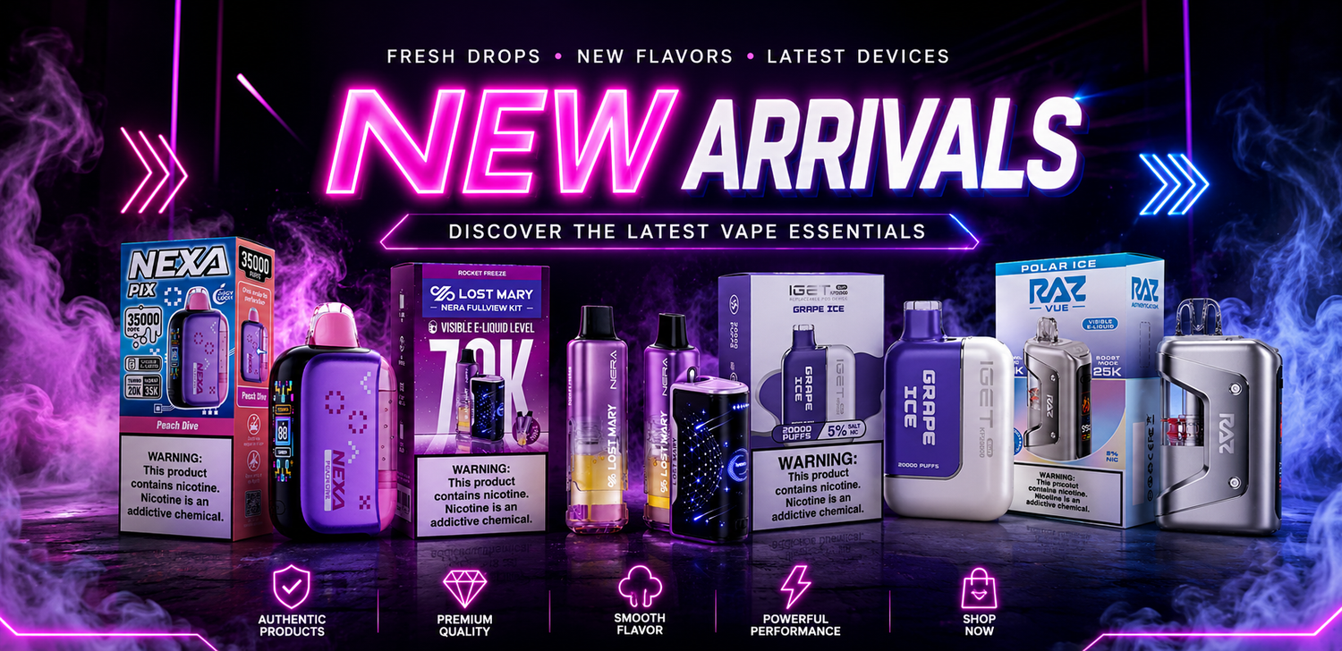 New arrival disposable vapes, rechargeable vape devices, and replacement pods available at Pink Smoke Shop