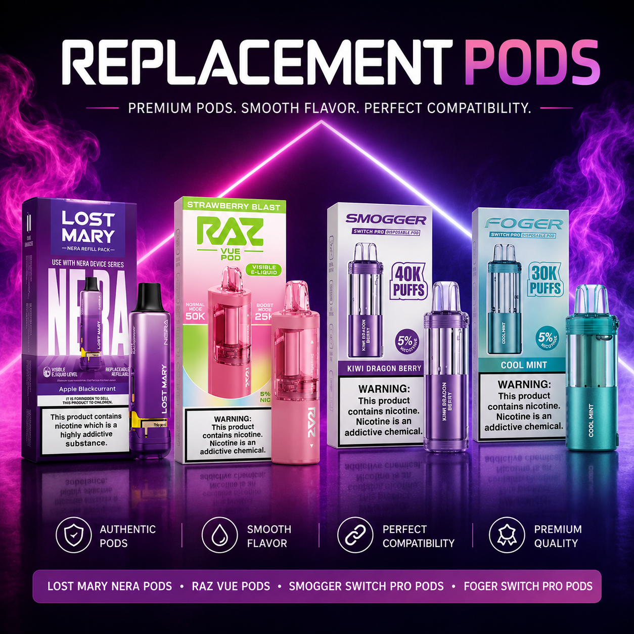 Replacement Pods Collection featuring Lost Mary NERA Pods, RAZ VUE Pods, Smogger Switch Pro Pods, and Foger Switch Pro Pods available at Pink Smoke Shop with authentic refill pods, premium flavor performance, and perfect device compatibility.