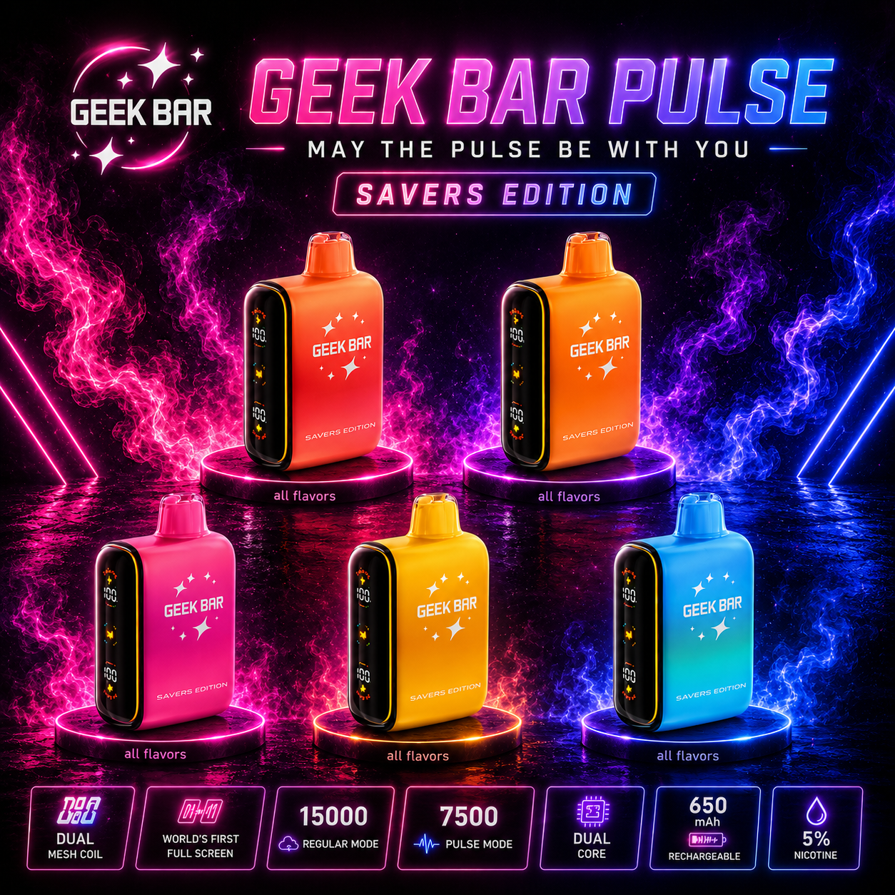 Geek Bar Pulse Savers Edition disposable vape all flavors available at Miami smoke shop
