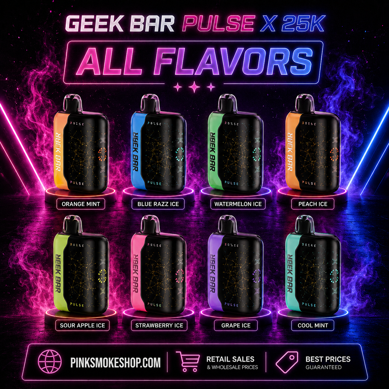 Geek Bar Pulse X 25K vape devices with various flavors on a dark background.