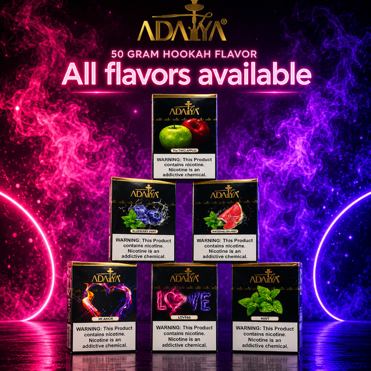 Adalya Hookah Tobacco 50g collection featuring Love66, Mint, Blueberry Mint, Watermelon Mint, Two Apples and Mi Amor flavors.