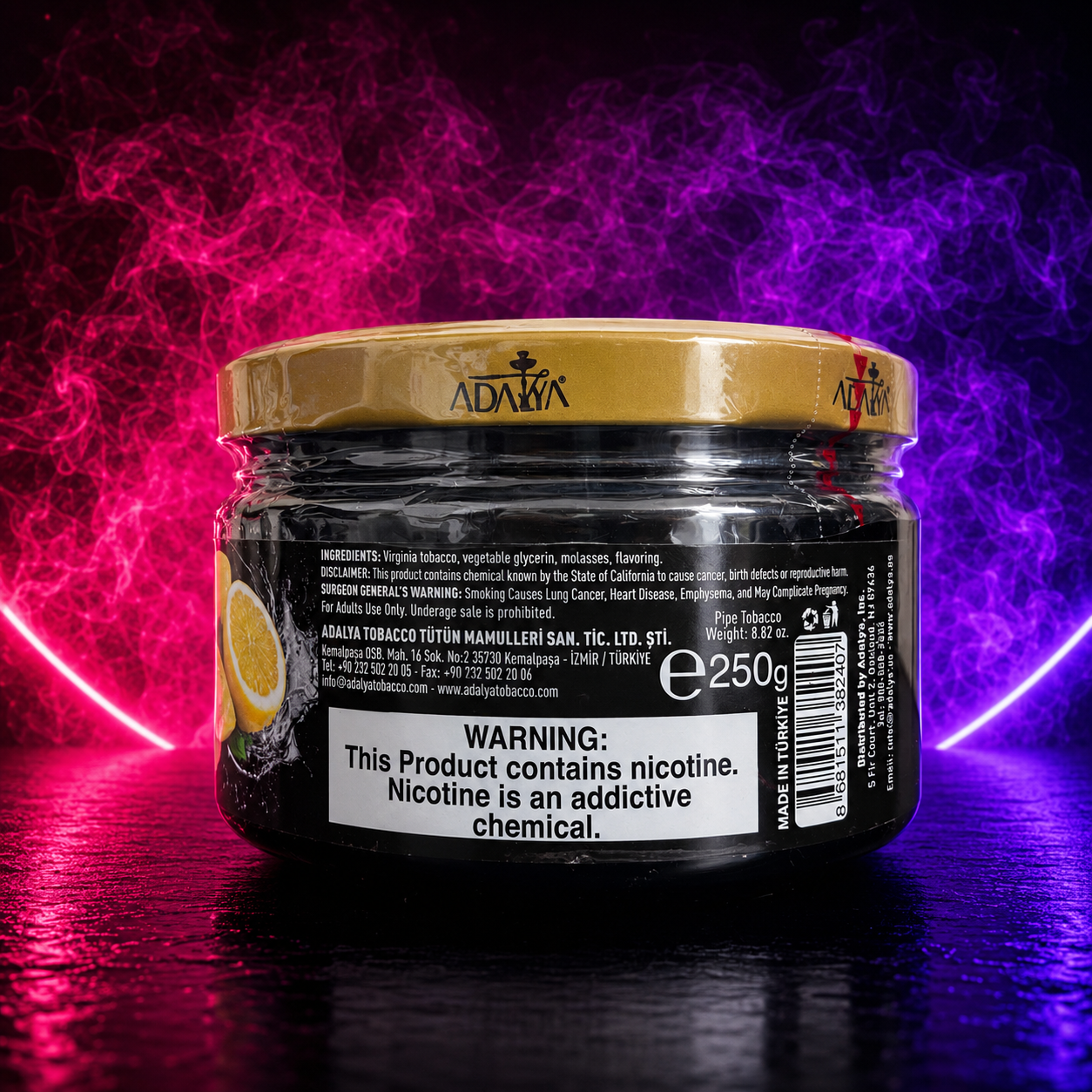 Adalya Lemon Mint Hookah Tobacco 250g back packaging with ingredients, nicotine warning, and authentic product details available at Pink Smoke Shop.