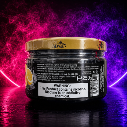 Adalya Lemon Mint Hookah Tobacco 250g back packaging with ingredients, nicotine warning, and authentic product details available at Pink Smoke Shop.
