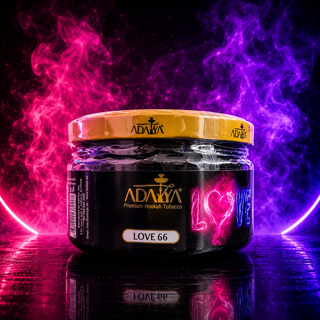 Adalya Love 66 Hookah Tobacco 250g featuring a unique blend of passion fruit, melon, watermelon, and mint for a refreshing hookah experience.