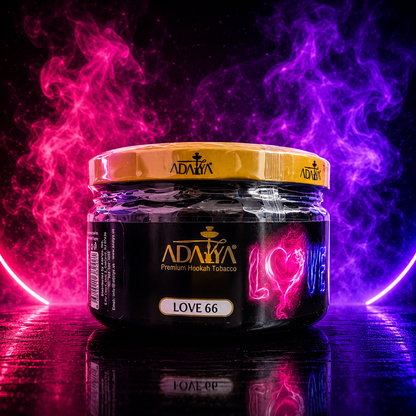 Adalya Love 66 Hookah Tobacco 250g featuring a unique blend of passion fruit, melon, watermelon, and mint for a refreshing hookah experience.