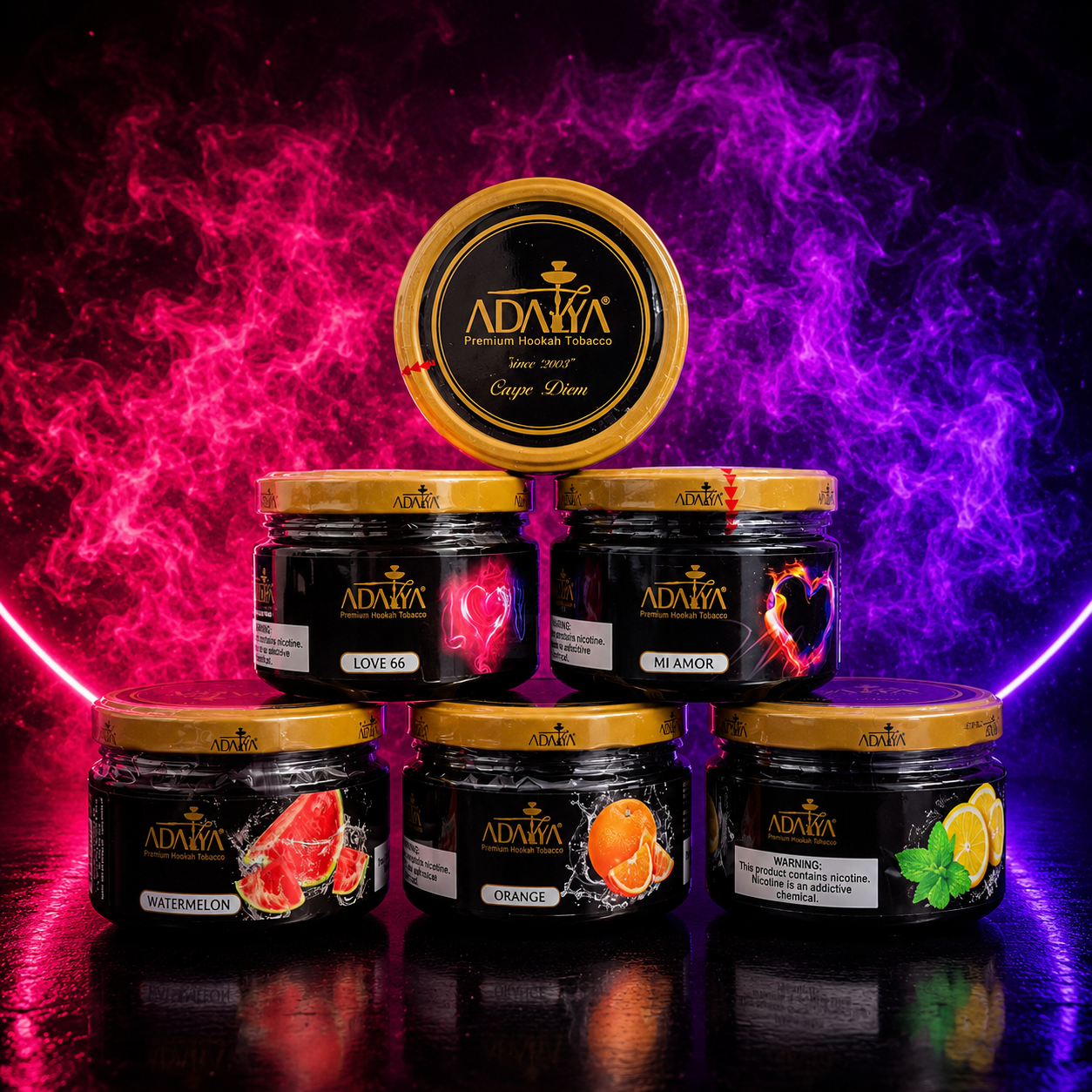 Adalya Premium Hookah Tobacco flavor collection including Love 66, Mi Amor, Orange, Watermelon, and Lemon Mint 250g jars.