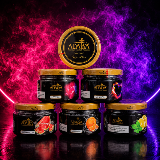 Adalya Premium Hookah Tobacco flavor collection including Love 66, Mi Amor, Orange, Watermelon, and Lemon Mint 250g jars.