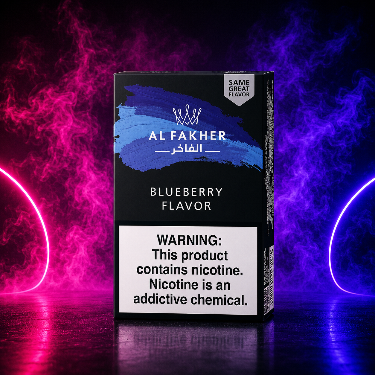 Al Fakher Blueberry hookah tobacco flavor with neon smoke background at Pink Smoke Shop