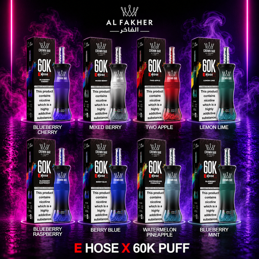 Al Fakher Crown Bar E-Hose X 60K disposable vape flavors collection including Blueberry Cherry, Mixed Berry, Two Apple, Lemon Lime, Blueberry Raspberry, Berry Blue, Watermelon Pineapple, and Blueberry Mint.