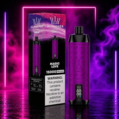 Al Fakher Crown Bar Magic Love 15000 Pro Max disposable vape featuring a rich fruity flavor profile, LED display, rechargeable design, and neon pink smoke background at Pink Smoke Shop.
