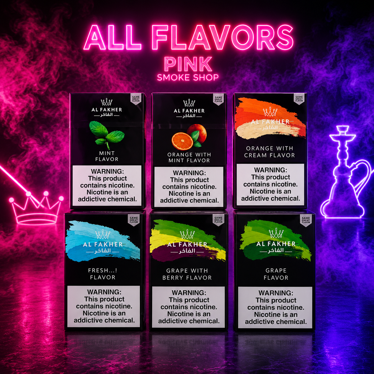 Al Fakher Hookah Tobacco All Flavors collection available at Pink Smoke Shop including Mint, Orange Mint, Grape, Fresh, Berry and more flavors.