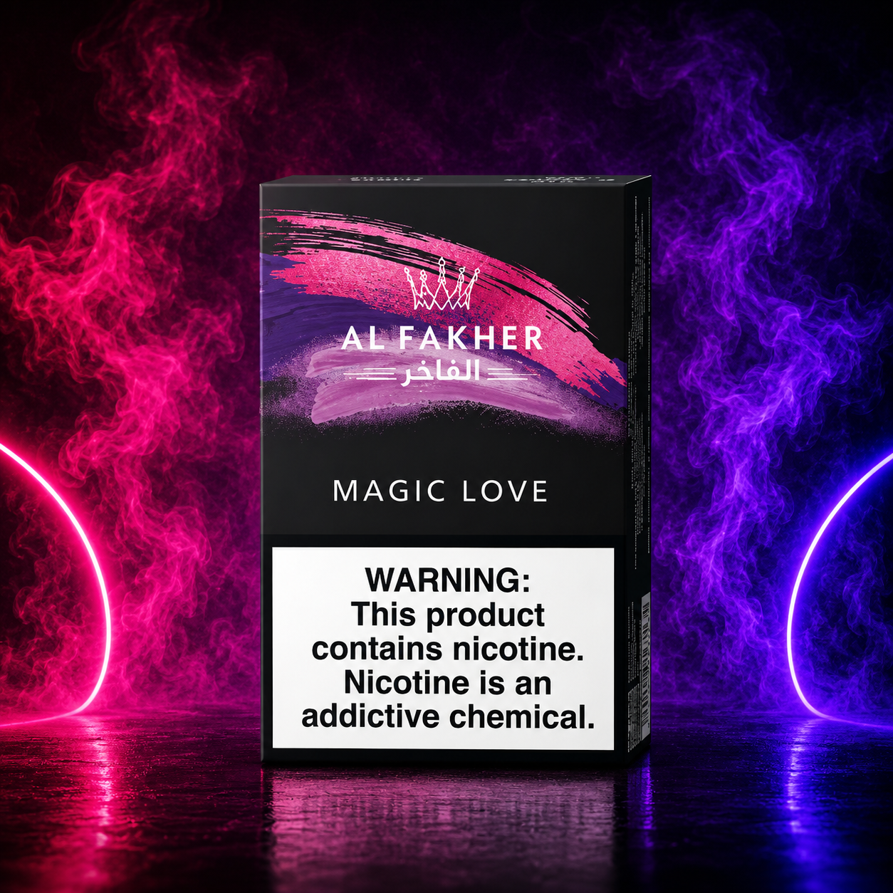 Al Fakher Magic Love hookah tobacco flavor with premium neon smoke background at Pink Smoke Shop