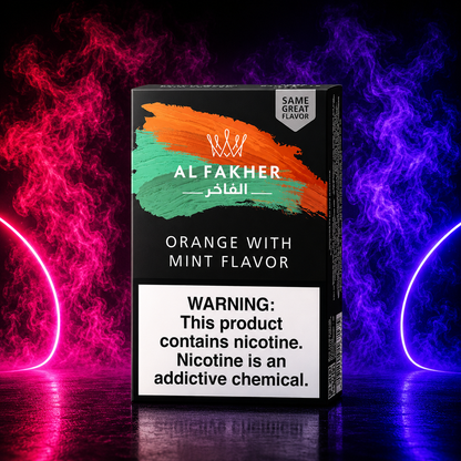 Al Fakher Orange With Mint hookah tobacco flavor product image with custom neon background